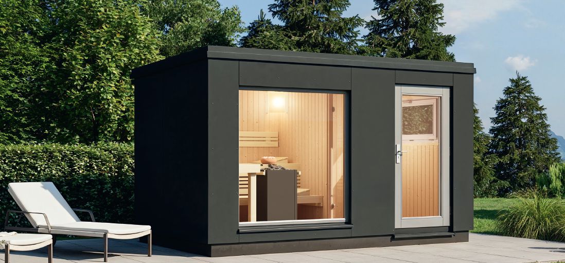 Gartensauna Luna 2 von Wellness Wiedel – Schlichte und elegante Design-Außensauna mit Vorraum
