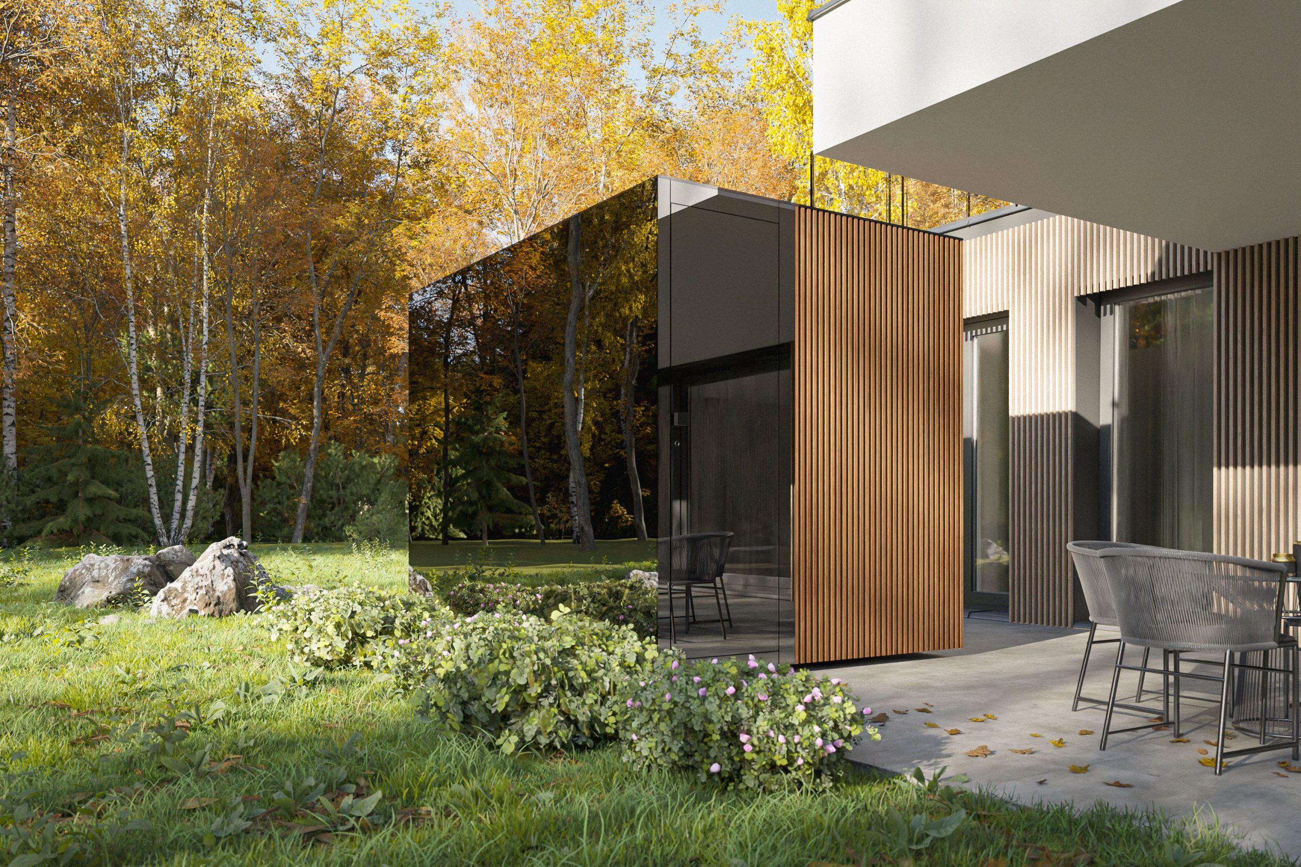 Moderne Gartensauna Harvia Lux Large mit schwarzem Glas